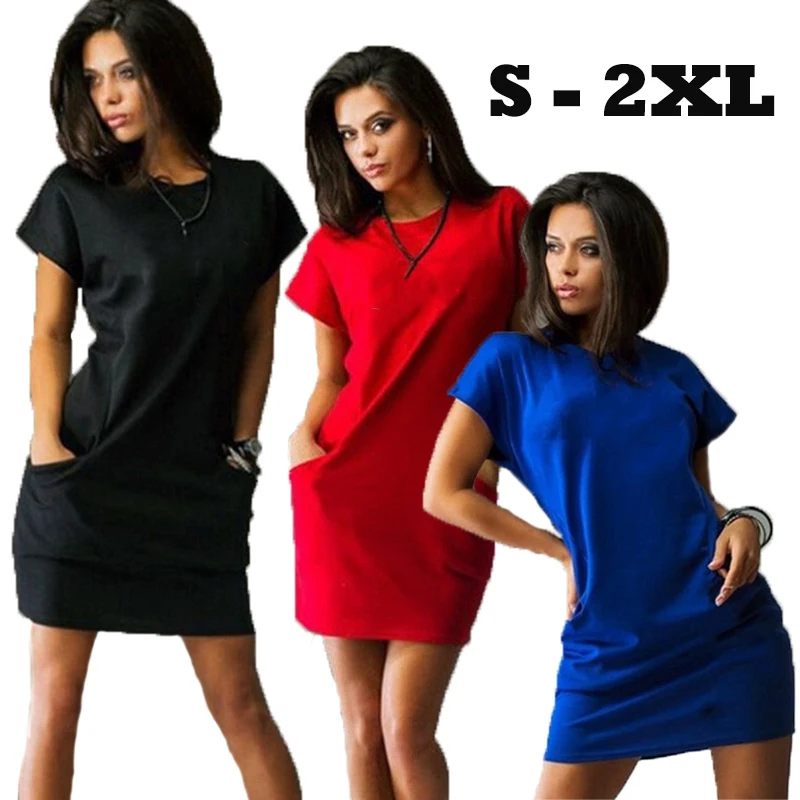 

2023 summer women's sexy short-sleeved mini loose dress solid color pocket dress