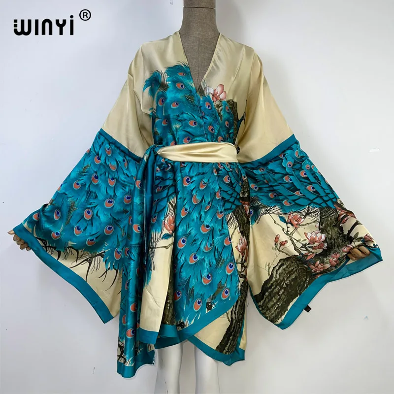 WINYI 2023 new Africa Summer print Women Cardigan stitch robe Cocktail sexy Boho loose Holiday long Sleeve Silk kimono with belt