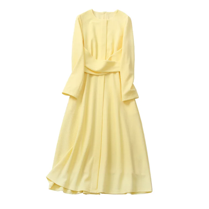 Kate Middleton Early Fall New Arrival Womens Round Neck Long Sleeve Waist Cinched Wrap Midi Dress Yellow Flowy A Line Silhouette view 5