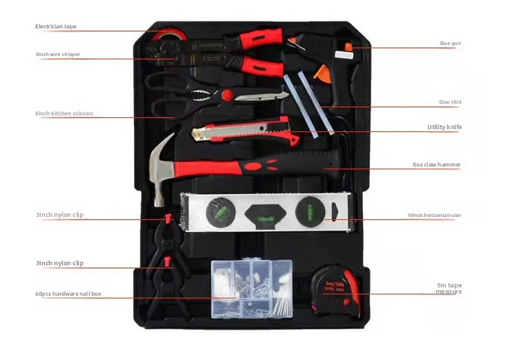 Conjunto de caixa de ferramentas doméstica de hardware manual portátil de aço carbono de 186 peças