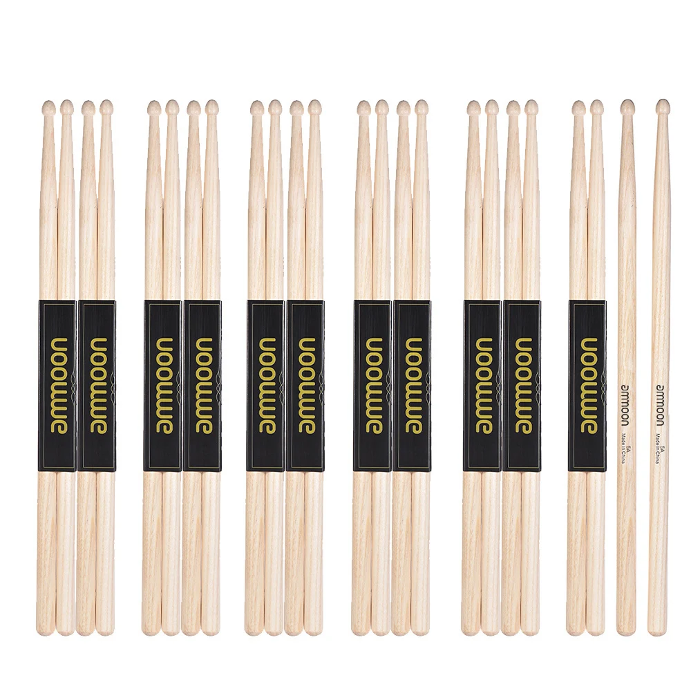 

ammoon 12 Pairs of 5A Wooden Drumsticks Drum Sticks Fraxinus Mandshurica Wood Drum Set Accessories