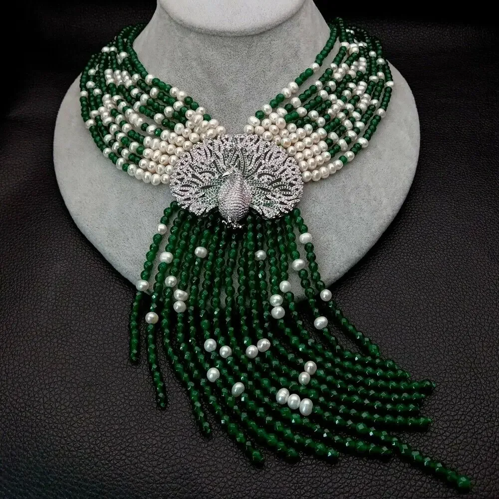 

natural multi strands freshwater pearl green jade Necklace peacock Zircon Pendant