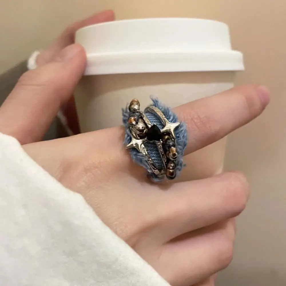Fashion Star Y2K Opening Rings Three Layer Heart Denim Rings Jewelry Adjustable Metal Beaded Rings Women