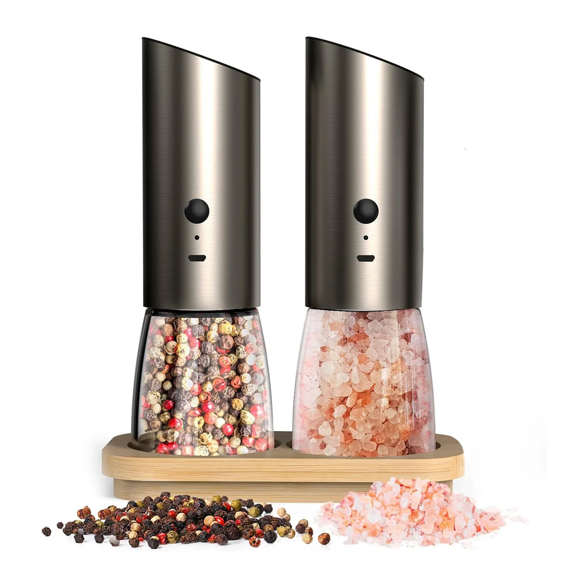 Electric Salt and Pepper Grinder Set with Bamboo Base, Adjustable Coarseness - Automatic Salt and Pepper Shakers