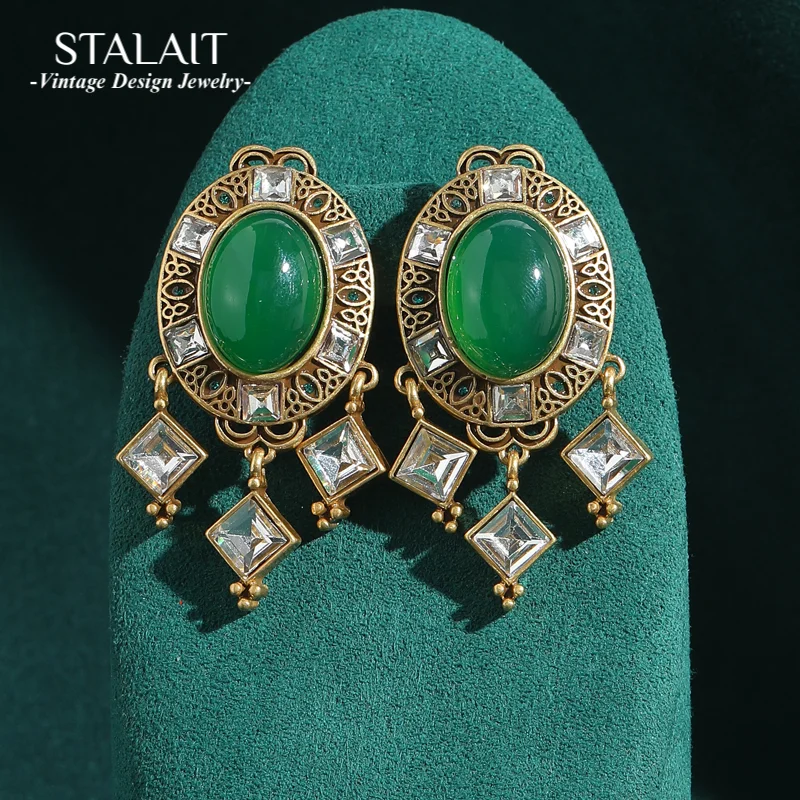 

Vintage Crystal Drop Earrings Jewelry Cubic Zircon Rhombus White Green Stone Woman Luxury Designer Antique Quality Accessories