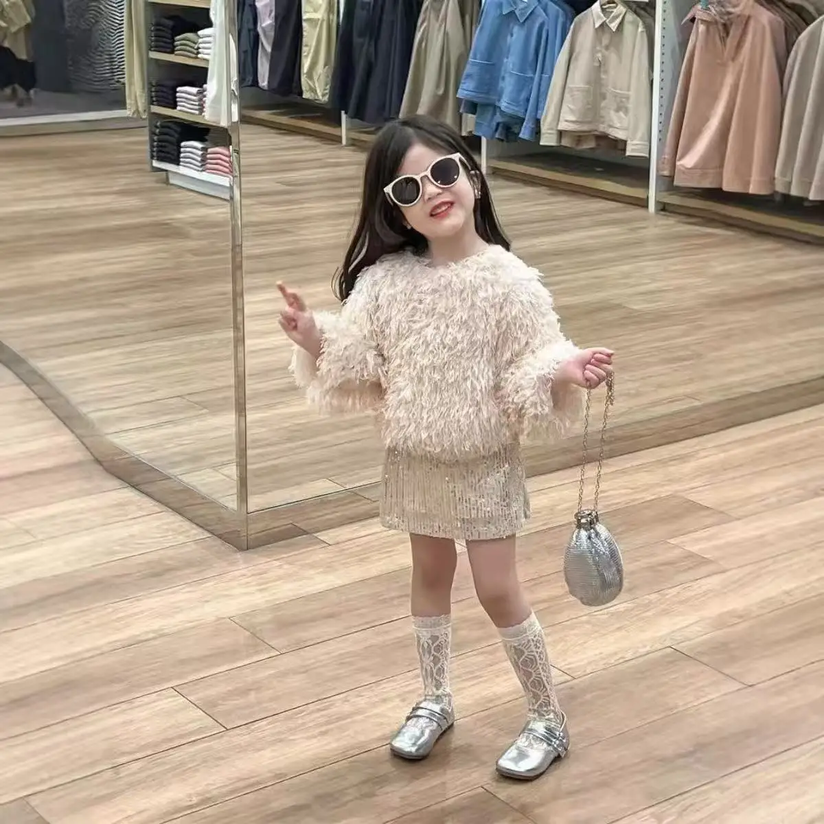 Childrens Sets Feather Long Sleeve Tops Sequin Skirt Fashion 2026 Autumn New Korean Style Childrens Two Piece Sets