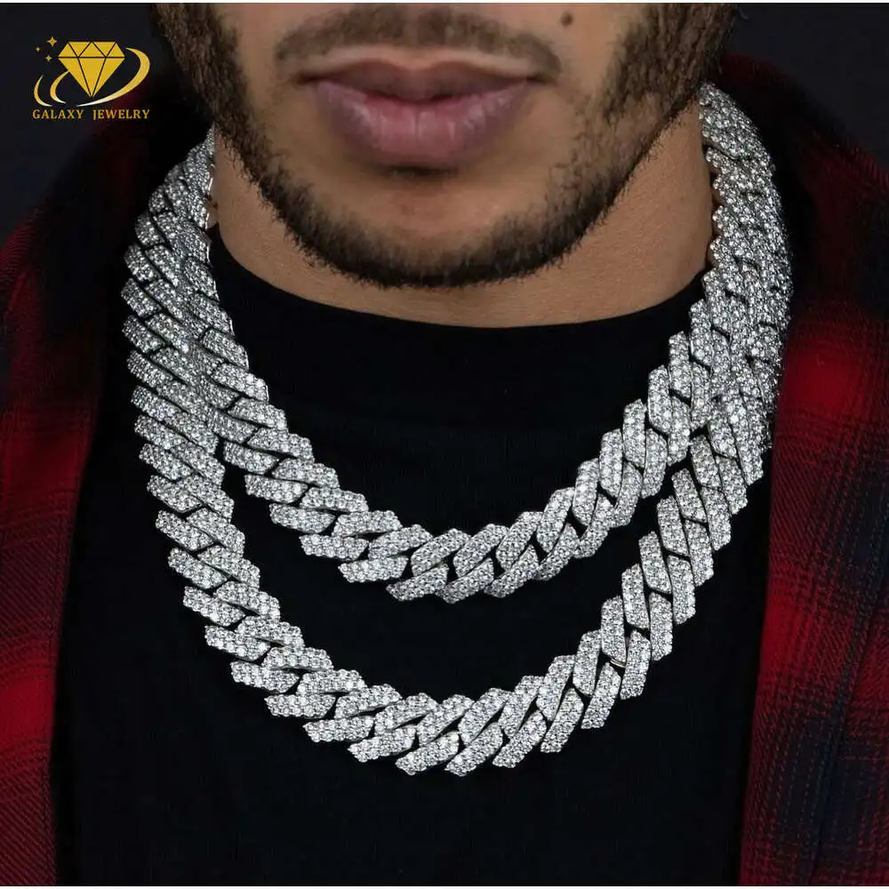 

Hip Hop 2 Rows 20mm Cuban Link Chain 925 Solid Silver Gold Plated Iced Out Lab Moissanite Prong Cuban Necklace Bracelet