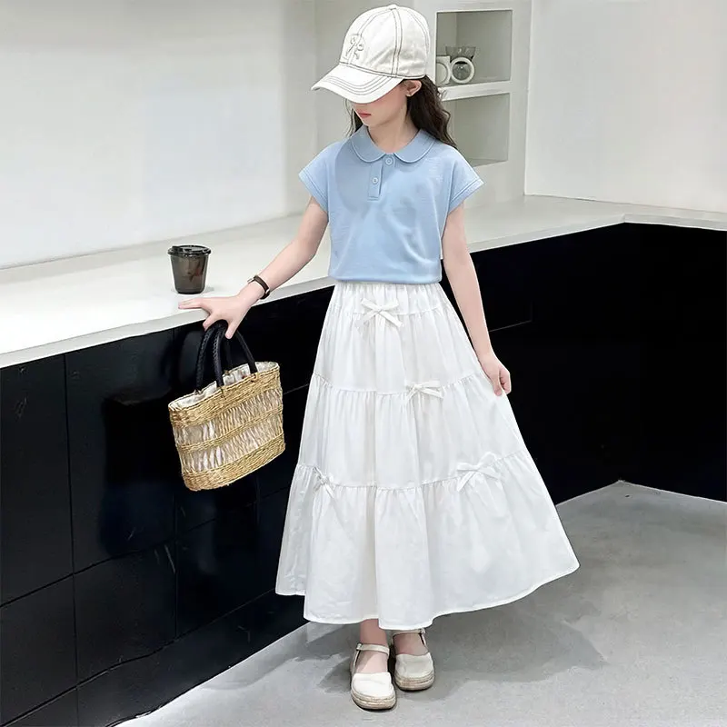 2026 summer thin Kids Children set Girls Clothes slim short T-Shirt +bow loose skirt Teenager 4 5 6 8 10 11 12 year korea japan