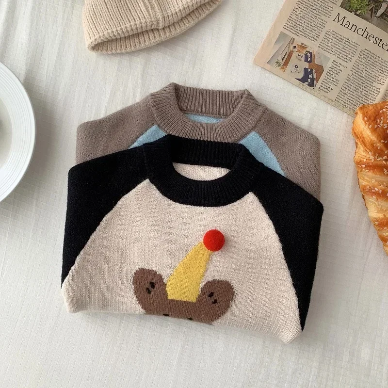 Children Sweater 1-7Years Kid Boy Girl Long Sleeve O-Neck Patchwork Cartoon Pattern Pullover Jumper Knitwear Fall Winter Clothes