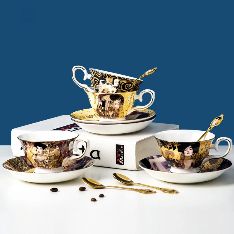 Art Luxury Gustav Klimt Ceramic Tea Cups and Saucers