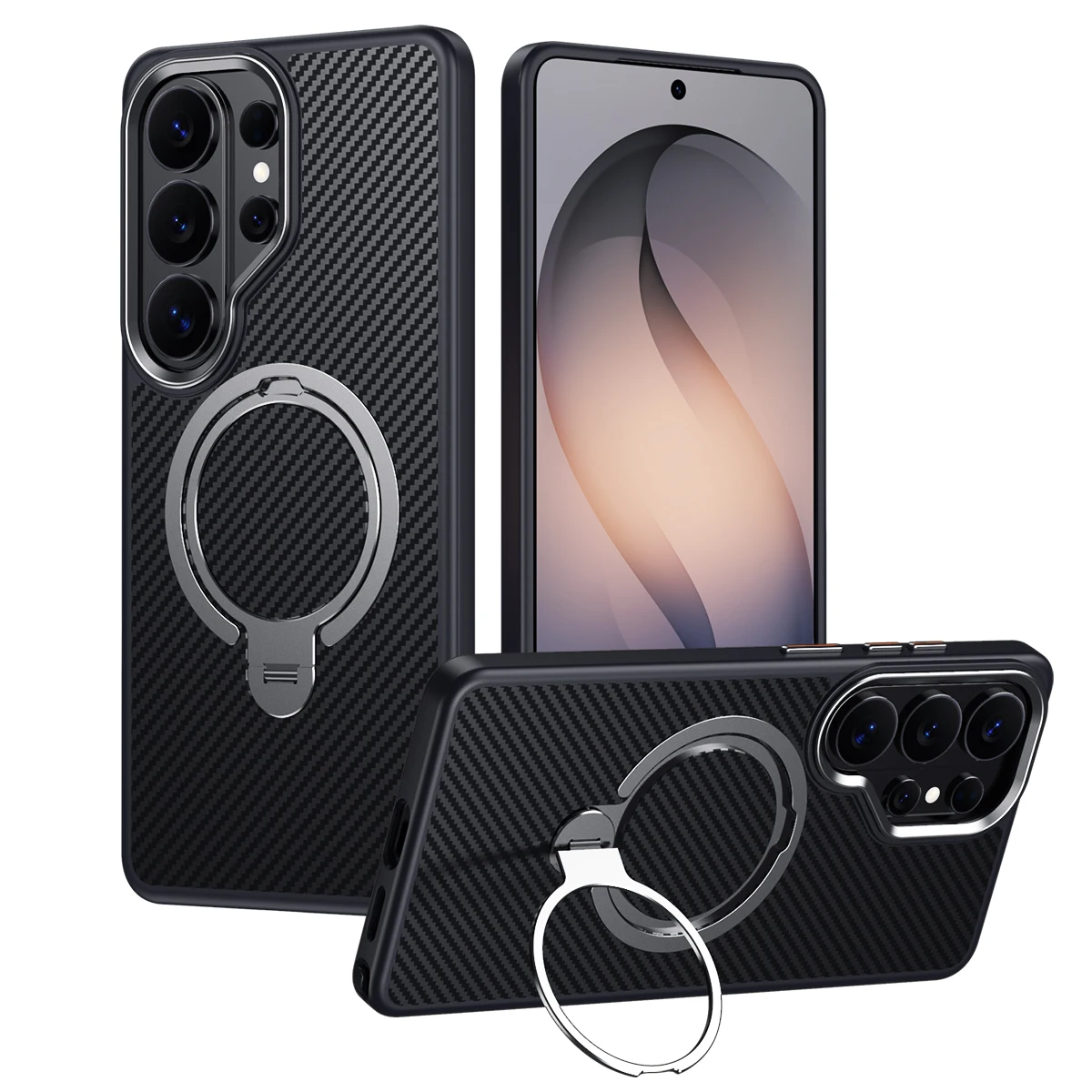 

Magnetic Ring Stand Case for Samsung Galaxy S26 Ultra S23 S24 S25 Plus S26+ Carbon Fiber Aramid Style for MagSafe Cover LMD008