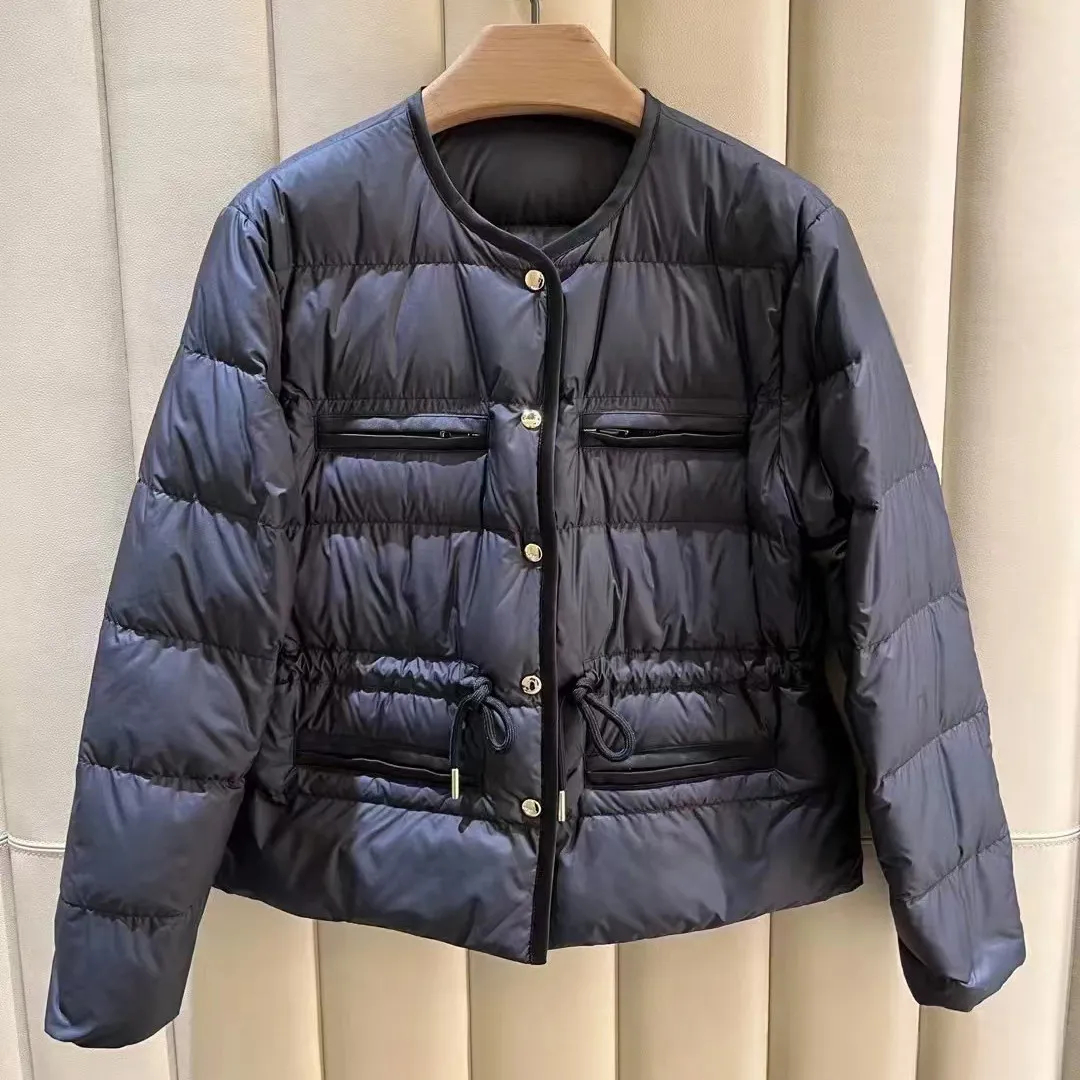 

Khaki Brown Corduroy Jacket with Drawstring round Neck Button Pocket Slim Fit Street Style down Jacket for Women