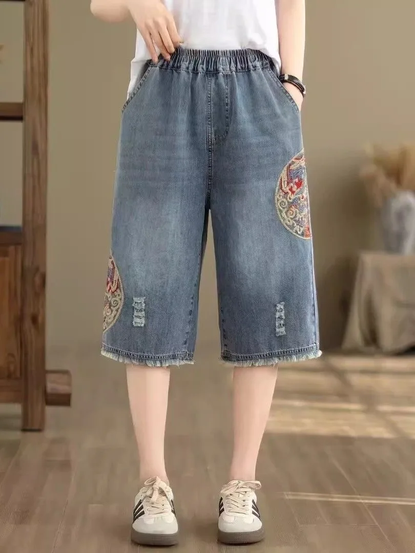 新しい中国風の刺繍スキニージーンズ女性の夏の薄いハイウエストルーズカジュアルワイドレッグパンツ 7-5 ブーツカット