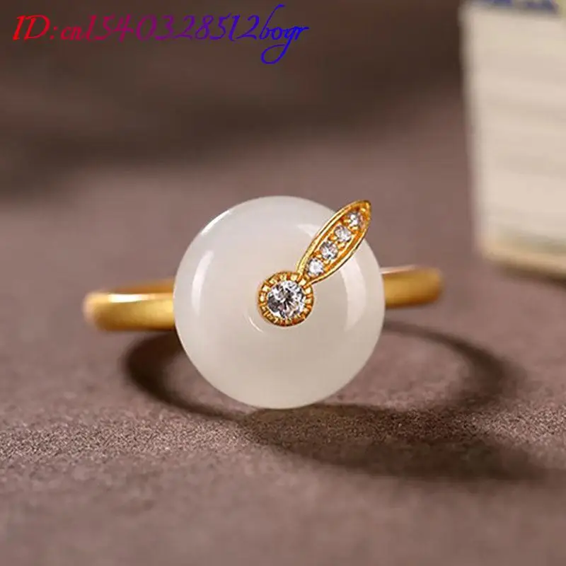 White Natural Jade Rings Gifts for Women 18K Gold Plated Designer Stone Carved Gemstone Real Jewelry Amulet Luxury