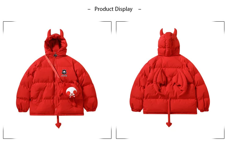 Black Gothic cosplay Thicken Jacket Hip Hop Devil Horns Wing Couple Hooded Padded Jacket Streetwear Emo Coat Winter Clothes