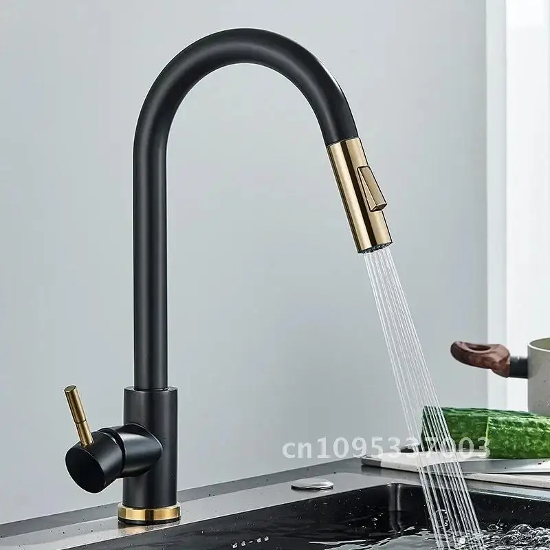 Black Kitchen Faucet Two Function Single Handle Pull Taps Mixer and Out Mounted Water Cold Deck Hot