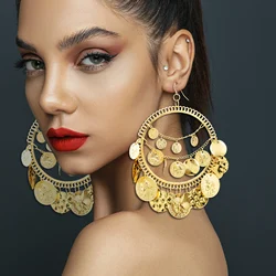 Vintage Tribal Coins Big Hoop Dangle Earrings For Women Geometric Punk Tassel Ear Pendants Jewelry Accessories Friendship Gifts