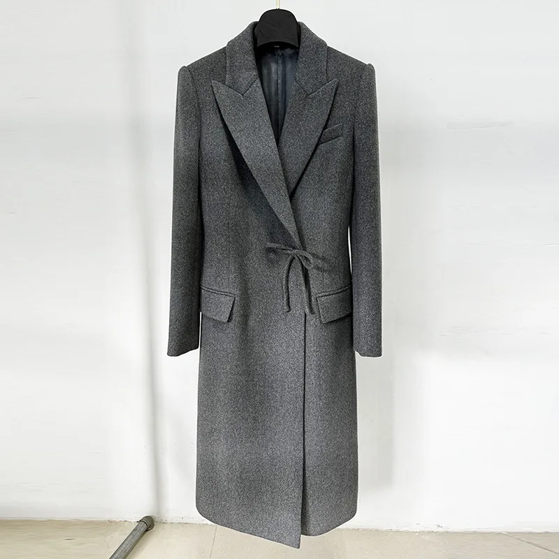 

2024 Autumn/Winter New Star Fashion Slim Fit Bow Tie Long Cashmere Woolen Coat