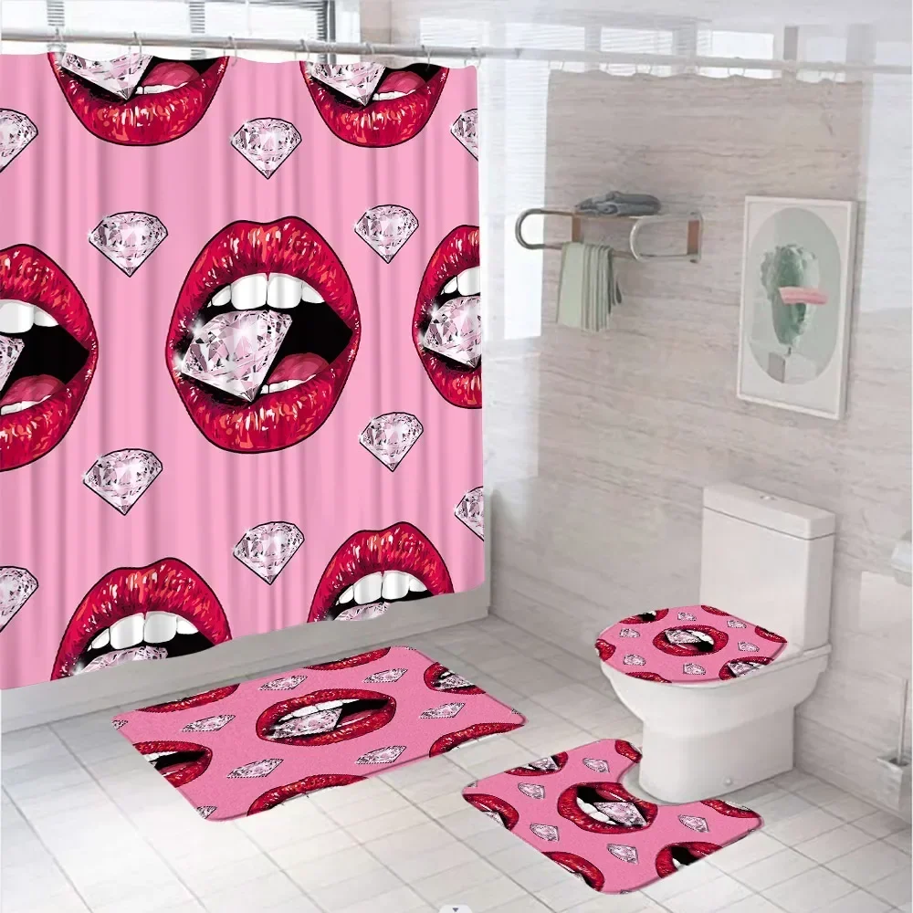 

Sexy Red Lips Girl Creative Shower Curtain Set Sparkling Diamond Print Bathroom Curtains Non Slip Rug Toilet Lid Cover Bath Mats