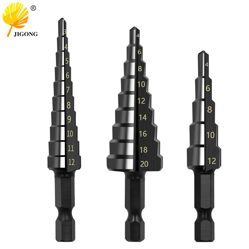 3-12 4-12 4-20 Hexagonal shank nitride black straight groove step drill set high speed steel pagoda drill hole opener