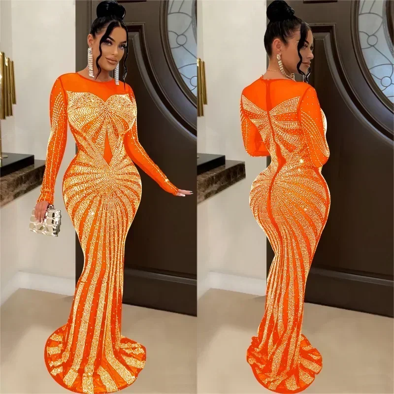 GUWU Sexy glitzerndes Strass-Kristall-Mesh-Maxikleid für Damen, Abendparty, langärmelig, rückenfrei, figurbetontes Kleid