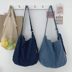 Women Retro Shoulder Bags Harajuku Cowboy Large Capacity Crossbody Bags Casual Students Bookbags Solid Color Denim Tote Bag
