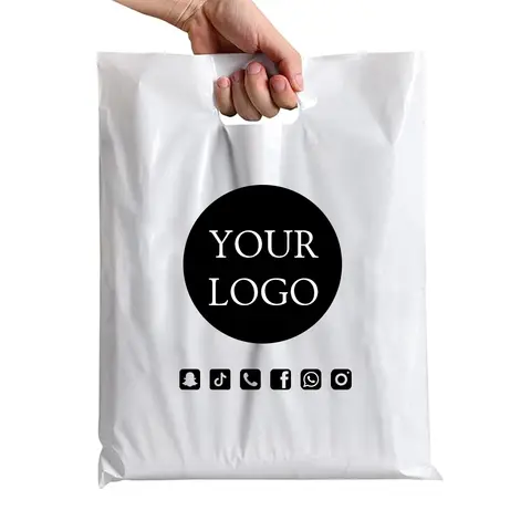 100pcs Custom Plastic Shopping Bags with Logo Personalized Gift Bags for Small Business Boutique Retail Trade Shows Events Party