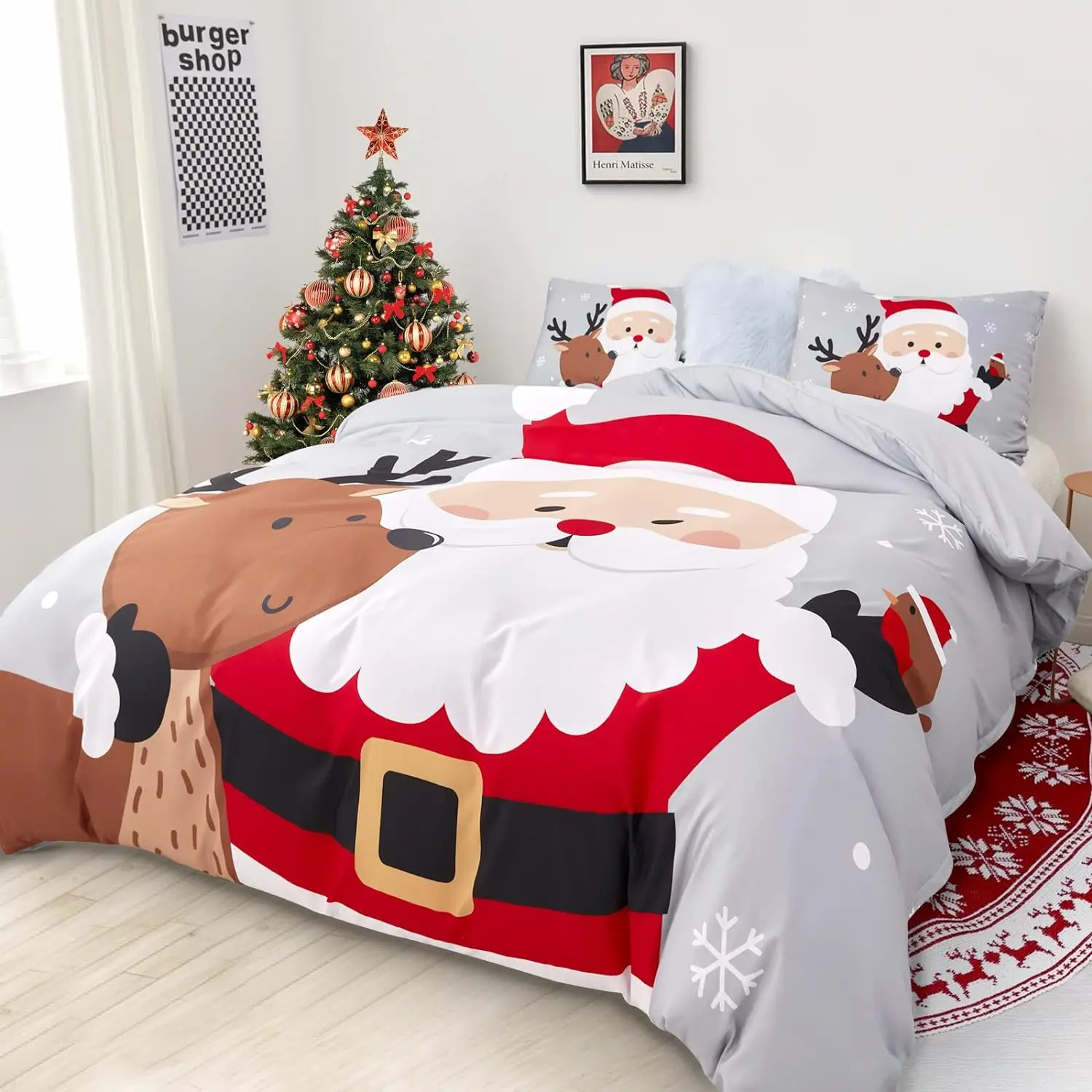 

Christmas Duvet Cover Set Queen Size Bedding Comforter Cover Santa Snowflake Santa Claus Pattern For Kids Bedroom Decorations