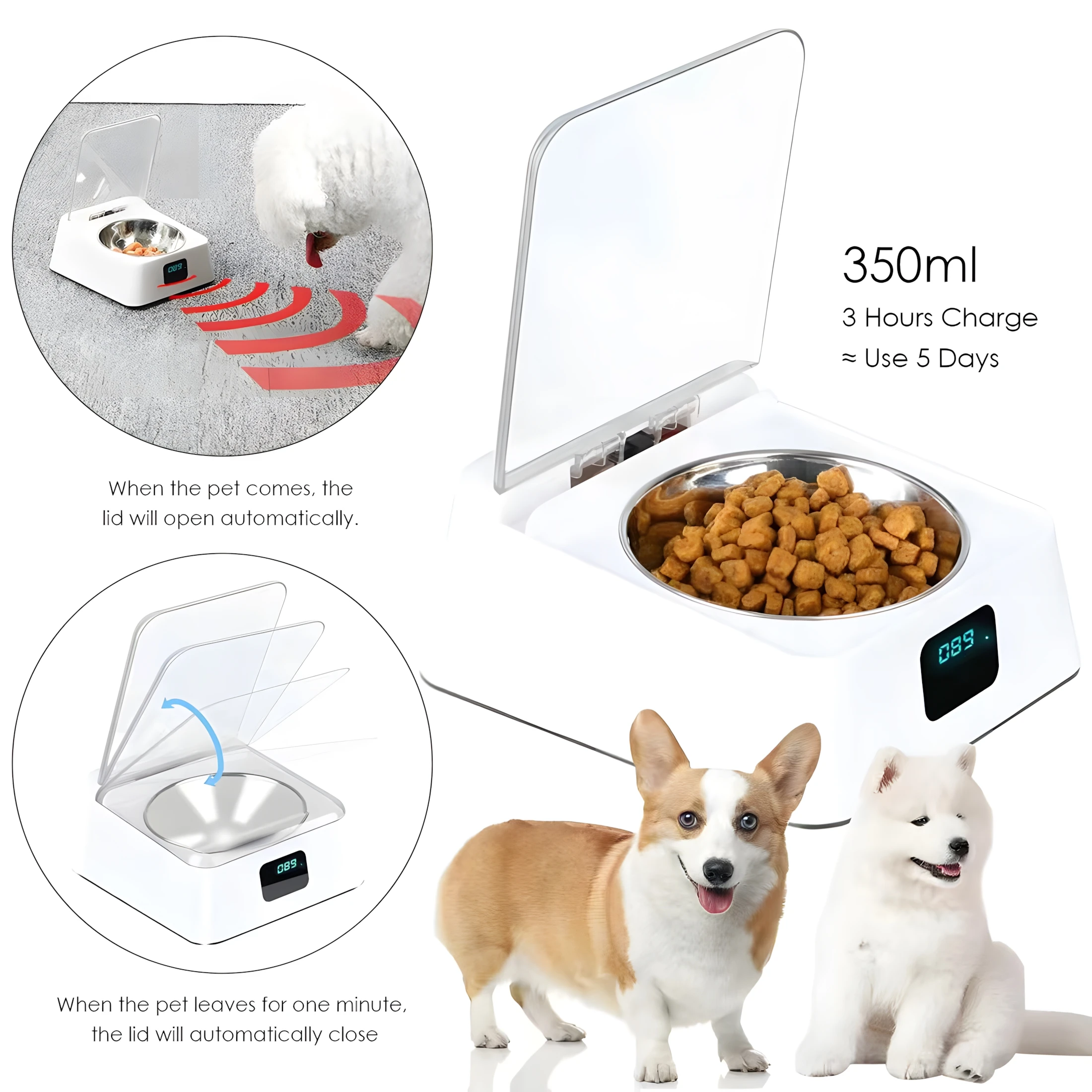 Smart 350ml Pet Feeder Bowl with Infrared Sensor Auto-Open Cover Automatic Feeder Anti-mouse Moisture-proof Cat Food Dispenser