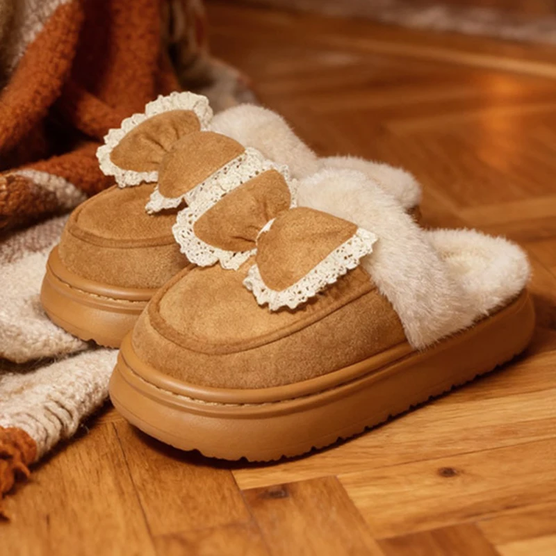 Belle pantofole con plateau soffici bowknot da donna suola spessa antiscivolo scarpe in cotone per la casa donna comode scivoli in peluche caldi femminili