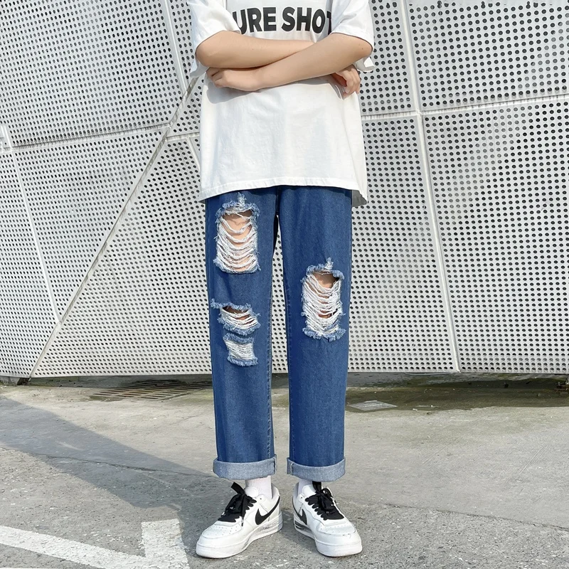 

Streetwear Ripped Jeans Men Spring New Korean Fashion Straight Baggy Wide Leg Pants Cropped Pants Male Blue