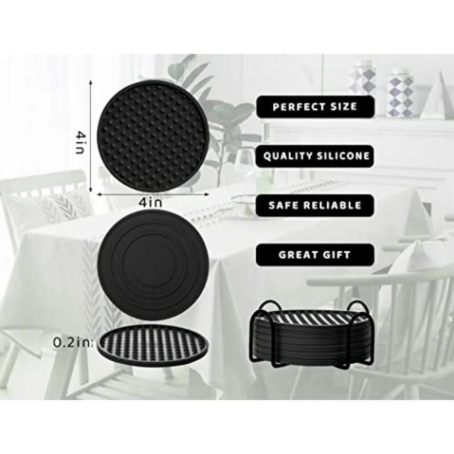 Coasters for Drinks 6 Pack Drinking Coaster with Holder, Heat Resistant Silicone Cup Mat Tabletop Protection, Non-Slip Rubber C