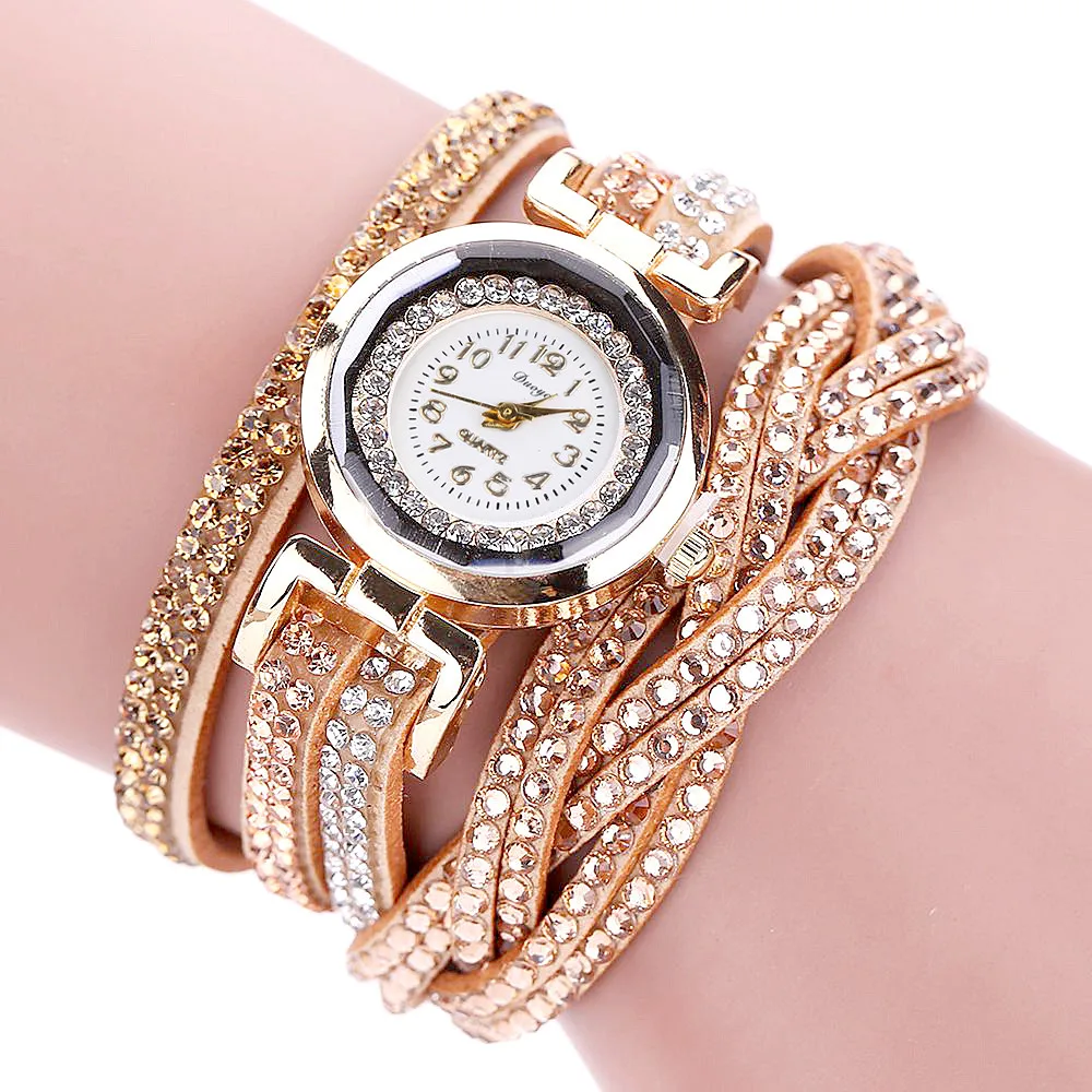 Reloj de pulsera de cuero trenzado con diamantes de imitación para mujer, cronógrafo de cuarzo dorado, informal, a la moda, regalo para mujer