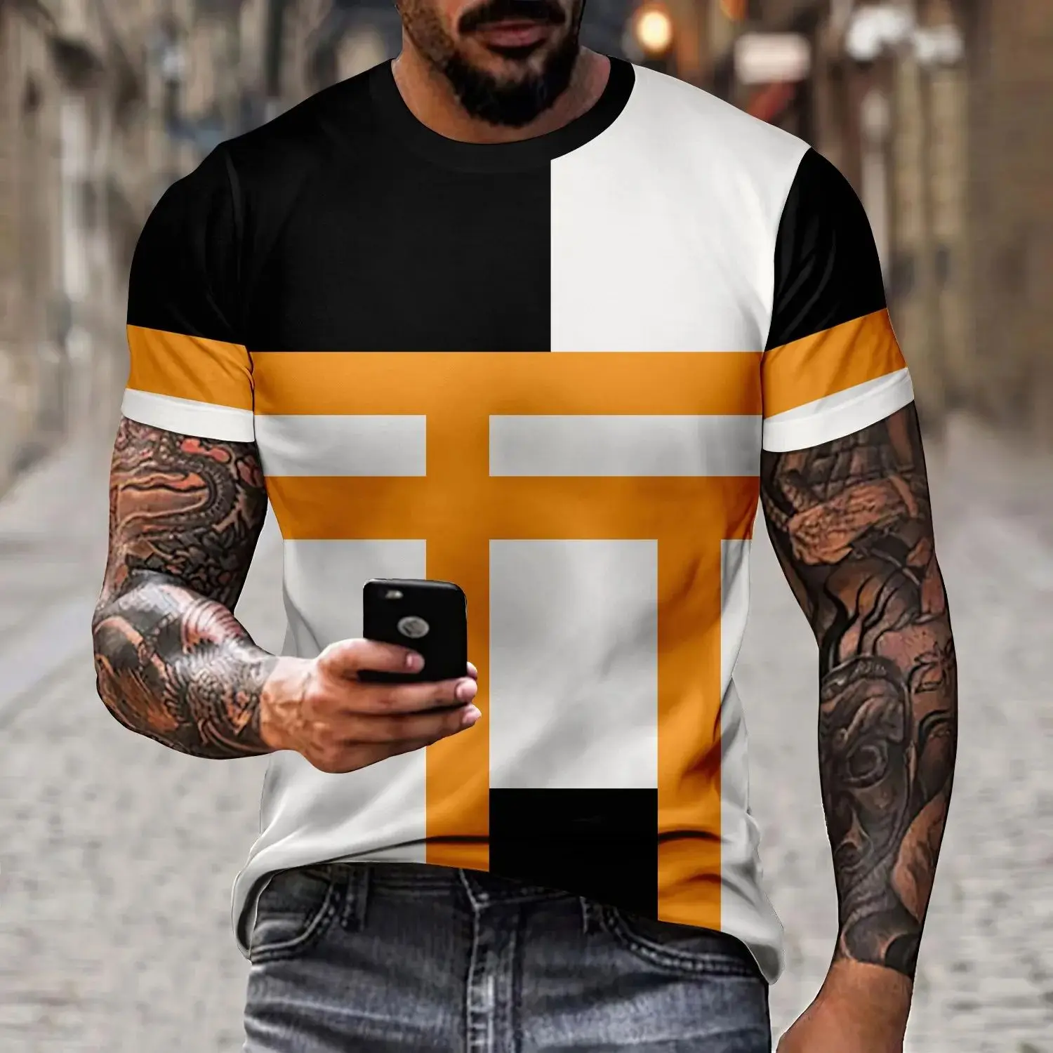 Summer Men Street Personality Simple Stripes Breathable O Collar Short Sleeve 3d Printed T-Shirt Casual Loose Plus Size Top