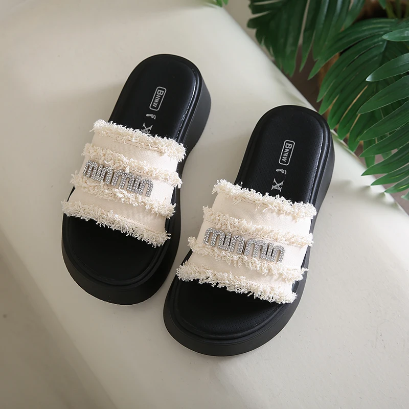 

Women's 5cm Thick Sole Canvas Slide Sandals with Soft Cushion Breathable Lightweight Design for Casual Travel Home Comfort