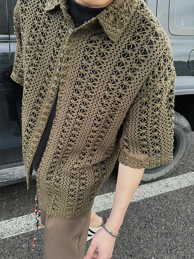 

American Retro Hollow Knitted irt Men's Aosphere een ort Sve Open Cardigan Holiday Sle Lace See-tough irt Tr...