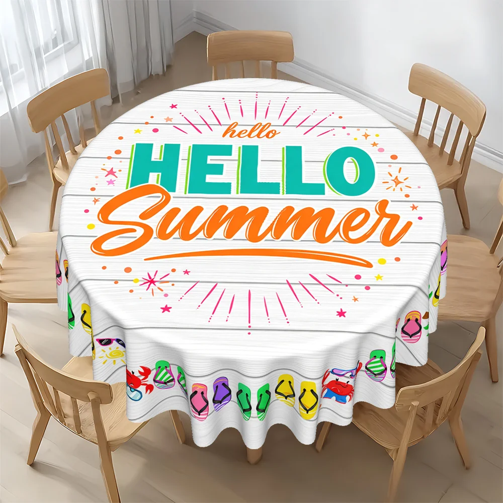 Circular tabletop cover, summer-themed flip-flops