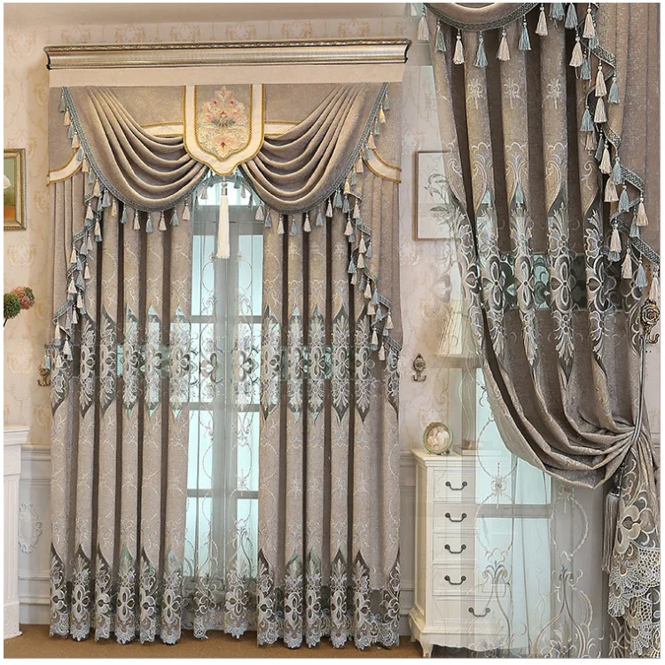 

Custom New luxury Chenille hollowed-out embroidered French Windows modern grey cloth blackout curtain tulle valance drape C1130