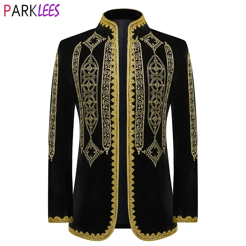 Luxury Baroque Floral Embroidery Velvet Suit Jacket Men Stand Collar Slim Fit Cardigan Blazer Jacket for Party Wedding Dinner