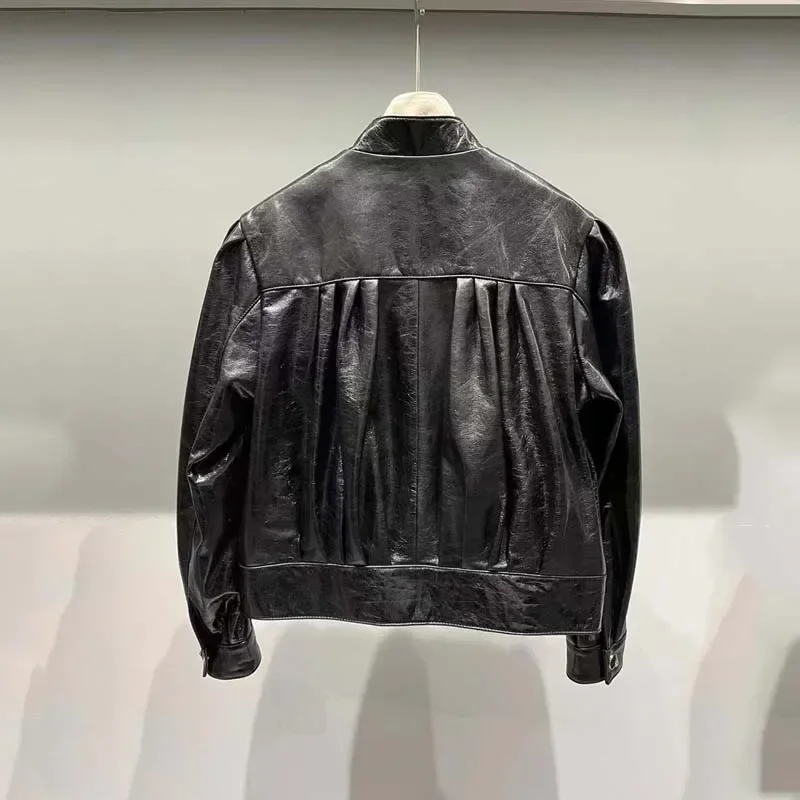 المرأة الربيع س الرقبة طوق نفخة الأكمام سترة جلدية حقيقية قصيرة طول أورورا الجلد 2025 جديد وصول معطف الموضة