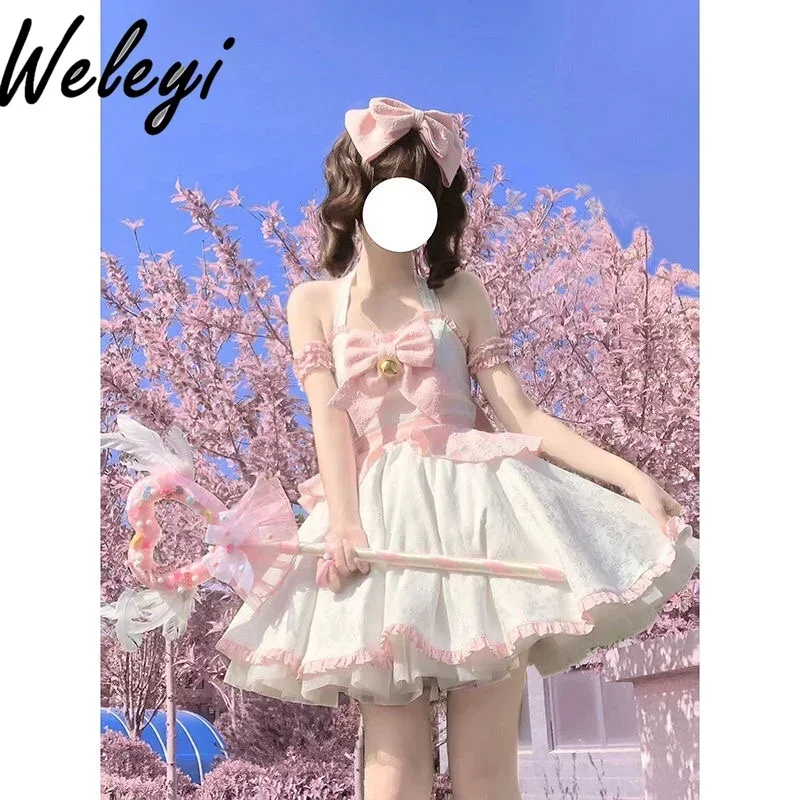 Sweet Lolita Light Pink Bow Dress Sukienki Ropa Mujer 2024 Spring and Summer New Magic Girl Halter Strap Princess Sling Sukienka