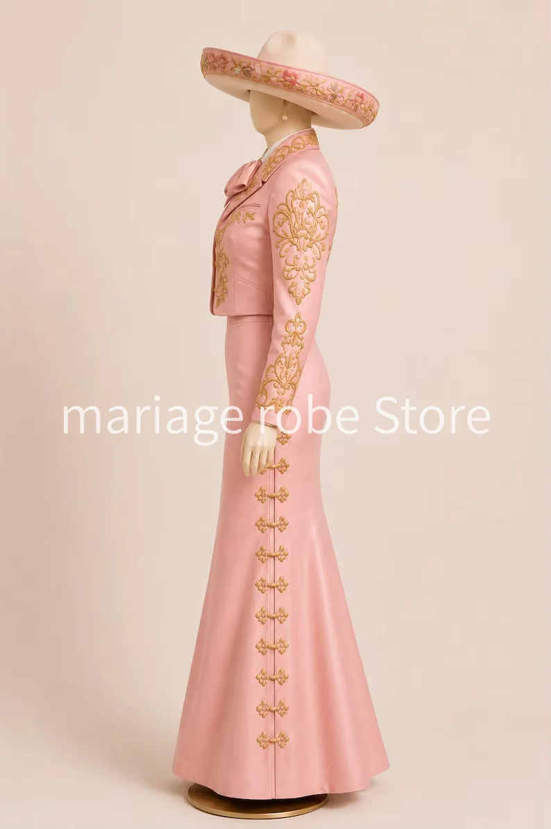Custom Pink Charro prom party Dress for Women Mexican Mariachi Dress Embroidered Ranchera Outfit Escaramuza Fiesta evening Gown