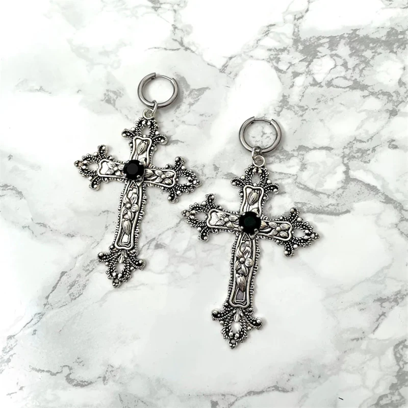 Large Silver Colour Tone Gothic Jewel Cross Earrings with Black Punk Handmade Jewellery Gorgeous Wedding Statement Women