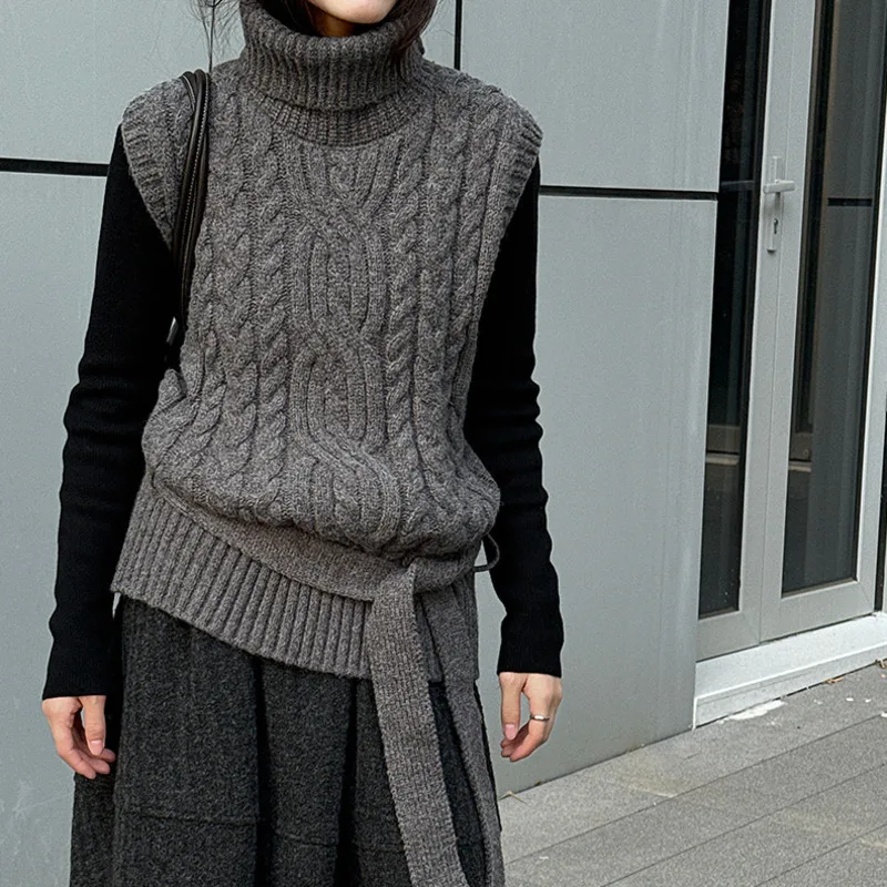 EAEOVNI بلا أكمام بلوفر مغزول سترة للنساء الياقة المدورة بلون حزام تجمع الخصر القمم ملابس الشتاء غير رسمية الجديدة #2