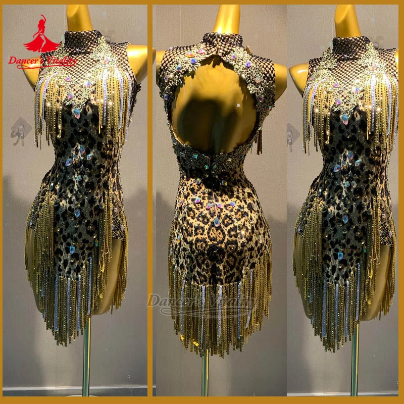 

Women AB Stones Paso Doble Sleeveless High-neck Tassels Dress Adult Latin Professional Dancer's Wear Customize Dancer's Vitality