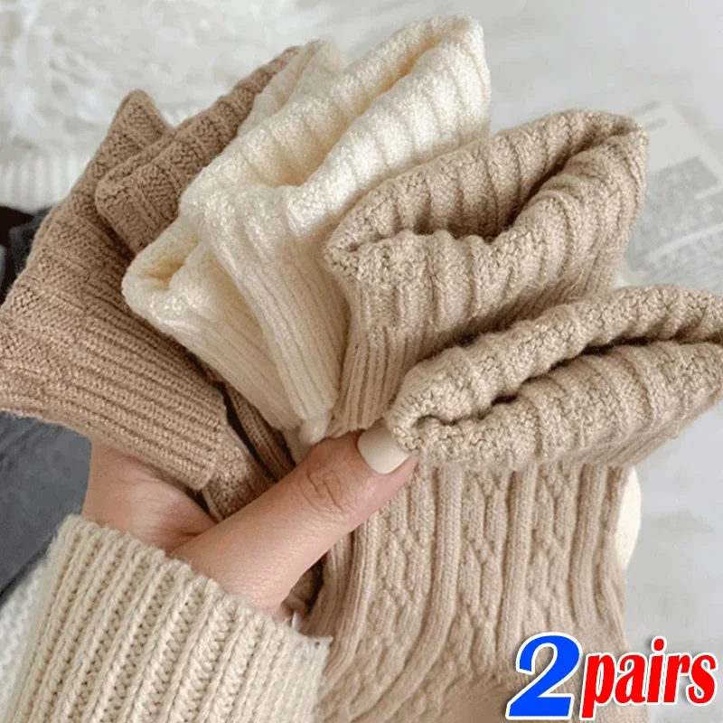 1/2pairs Winter Socks Women Cashmere Wool Thicken Warm Women Socks Sox Japanese Fashion Harajuku Solid Color Thermal Long Socks