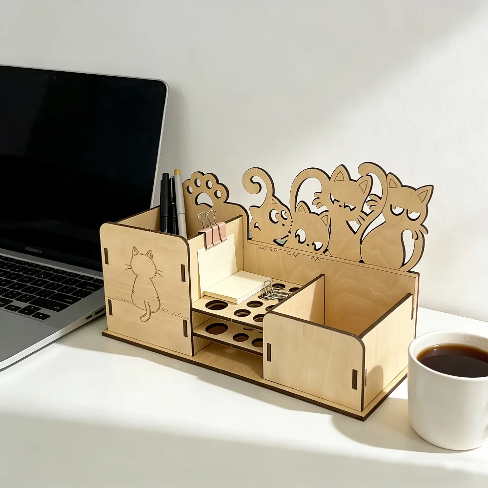 Cute Cat Themed Wooden Desktop Organizer Multi-Compartment Storage Box for Remote Control Keys Small Items Home Office Decor