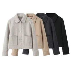 loose single breasted lapel long sleeved short pocket decoration soft coat women's autumn and winter new item