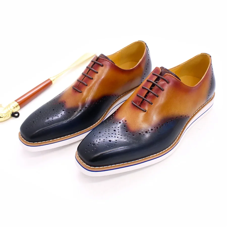 Men's Genuine Leather Shoes High-end Comfortable Broch Handmade Mixed Color Casual Shoes Banquet Men's Formal Leather Shoes