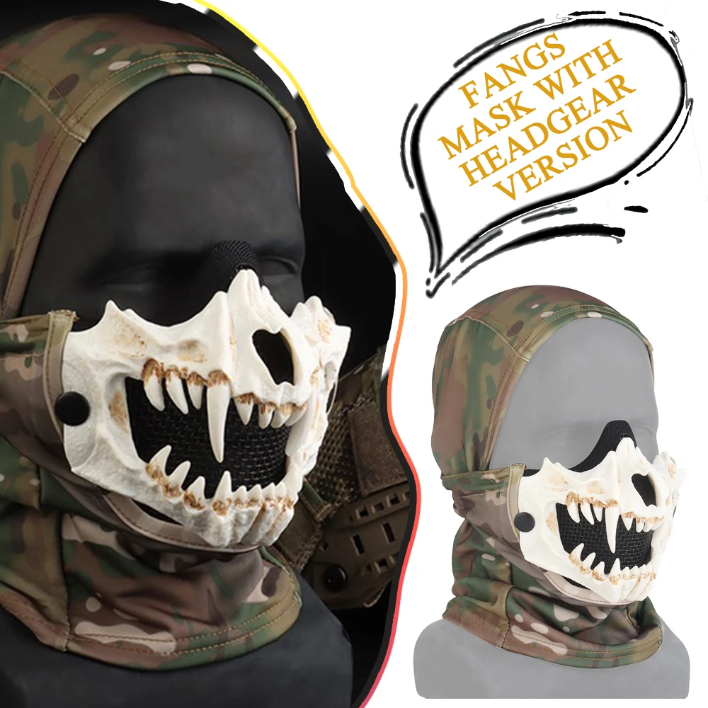 

Airsoft Fangs Mask With Headgear Version Tactical Half Face Breathable Skull Protection Mask for Cosplay Halloween Paintball